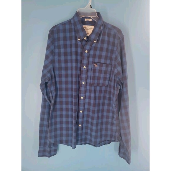 Abercrombie & Fitch Xxl Button Down Blue Plaid Chest Pocket Logo Long Sleeve - Picture 4 of 14